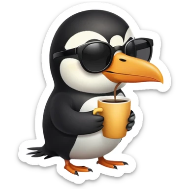 penguin with toucan beak holding a coffee cup and wearing sunglasses sticker