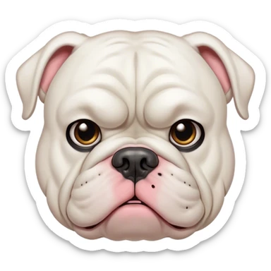 Cinematic Grumpy White American Bulldog Portrait Emoji, Head tilted slightly with a deeply unimpressed expression, thick white fur with a slight wrinkling around the jowls and brow, large, droopy eyes narrowed into an unamused glare, jowls slightly sagging in exasperation, Simplified yet comically expressive features, highly detailed, glowing with a dry, sarcastic glow, high shine, effortlessly judgmental yet dignified, stylized with a touch of cynicism, bright but brooding, soft glowing outline, capturing the essence of an eternally unimpressed yet endearing pup, so lifelike it feels like it could sigh heavily at you in disdain at any moment! sticker