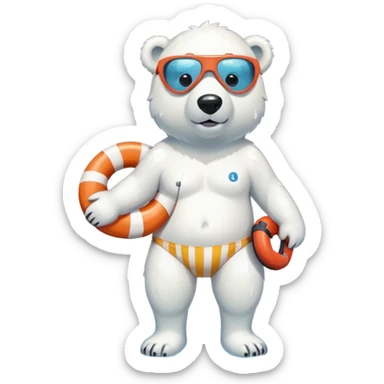 full body friendly anthropomorphised polar bear wearing striped swim shorts and swim goggles, standing in a puddle and holding a life buoy sticker
