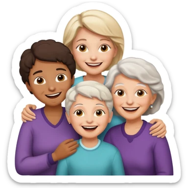 two kids (1 brown boy and 1 white girl) with their mother and grand mother smiling sticker