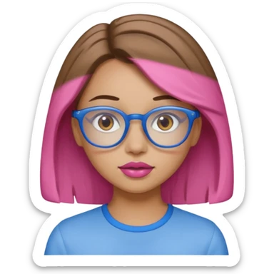 A girl with light skin, brown eyes, blue glasses, pink lips, and light brown hair. sticker