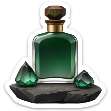 A masculine fragrance bottle featuring a gradient of deep forest green to charred black glass. The cap is made of dark walnut wood. The bottle is placed on a jagged piece of slate rock with a faint mist in the background. Earthy, moody, textured, photorealistic. sticker