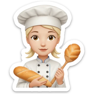 Young female baker - wearing a white chef's hat, holding a cream piping bag and bread in her hand sticker