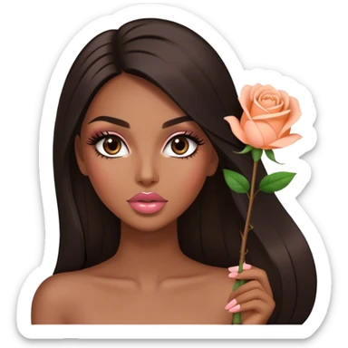 Glamorous , brown, very beautiful girl, with big pump peach-beige-rose lips, long long lashes, black straight smooth silky long hair, straight parting hair, brown eyes sticker