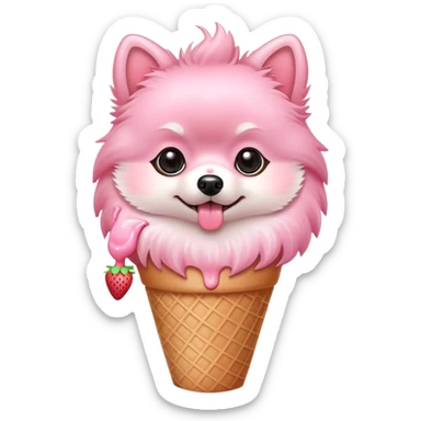 Pink Pomeranian eating strawberry icecream in a cone sticker