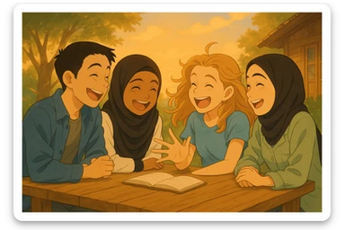 Continuation of the image: The whole group is laughing together, a gentle breeze blowing, joyful atmosphere, original faces preserved as much as possible, in Ghibli style, same outdoor setting. sticker
