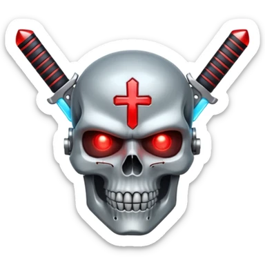 Sci-fi shield badge, terminator style skull, glowing red eyes, crossed futuristic sable and energy sword, no background sticker