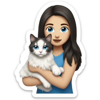 woman with dark long hair and holding a all white Siberian cat with blue eyes sticker