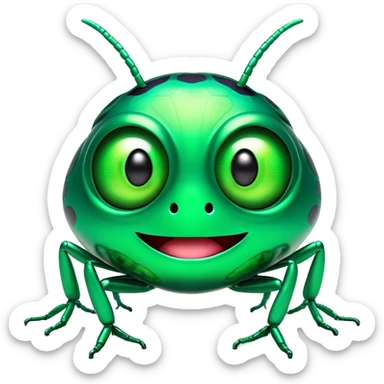 Cinematic Comical Green Bugdie Portrait Emoji, Head tilted dramatically with an exaggeratedly amused expression, featuring a striking, glossy emerald exoskeleton with bold patterns, wide, expressive multifaceted eyes filled with playful disbelief, Simplified yet hilariously expressive features, highly detailed, glowing with a slightly sassy glow, high shine, dramatic yet playful, stylized with an air of cheeky mischief, bright and endearing, soft glowing outline, capturing the essence of a spirited and over-the-top bug, so meme-worthy it feels like it could side-eye its way into internet fame instantly! sticker