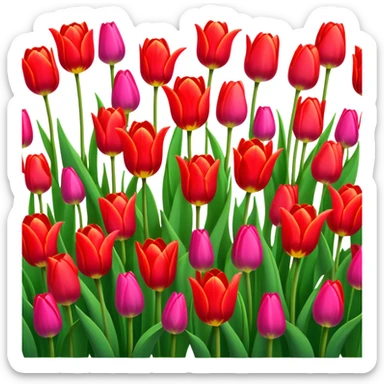 Tulips – Cinematic Realistic Tulips, depicted as a vibrant field of blooming tulips in brilliant hues, each delicate petal catching dewdrops under soft, natural spring light, rendered with detailed textures and a dreamy, picturesque glow. sticker