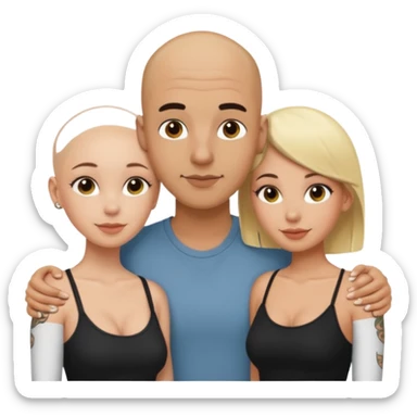throuple tatted bald boyfriend with blonde girl friend and brunette girlfriend sticker