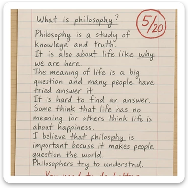handwritten philosophy essay, high school, lined paper, messy handwriting, grade 5/20 circled in red, teacher's comment in red, visible corrections sticker