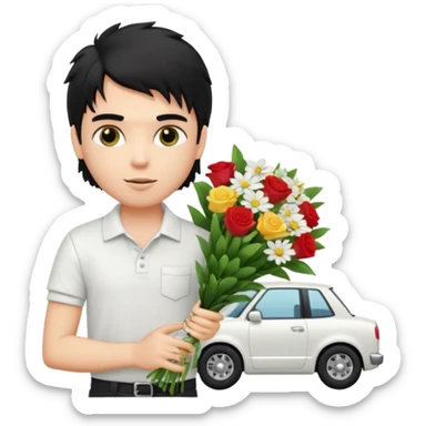 generate a pretty fair bratz boy with a messy mullet (black hair), wearing a white polo.  carrying a bouquet made of money. expensive car behind him sticker