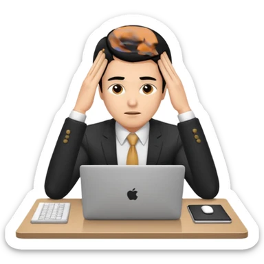 A man in corporate attire sitting at a desk, having fatigue hands on head while working on a laptop sticker
