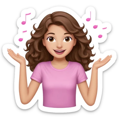 girl with wavy long brown hair, brown eyes, light to medium complexion, long lashes, light pink lipstick, smiling, wearing light pink shirt, dancing sticker