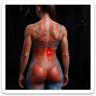 Anatomical hyperrealistic 4K image of a woman seen from the back as in the reference, highlighting a muscle contracture as a clearly visible knot on the left side of the back at the lumbar or dorsal muscles (not on the shoulders), with translucent muscles and skin to show the contracture, red halo or swollen area, gym environment. sticker
