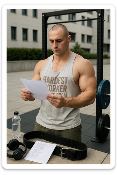 un uomo prepara con cura il suo set di pesi e la cintura per streetlifting, controllando una lista di esercizi e ripetizioni scritta su un foglio. Accanto a lui, una borraccia e delle cuffie. L’espressione è serena e sicura, a sottolineare l’importanza della programmazione per un allenamento efficace. Lo sfondo è un’area fitness urbana, pulita e ben attrezzata. sticker