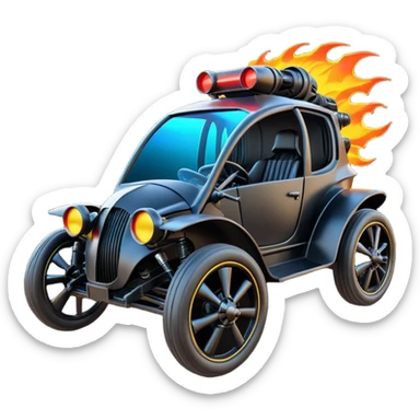 Mad max survival apocalypse ghostly Darth Vader’s Batman-armored 1886 black graphite colored school buggy with horizontal holographic flames painted on the side and neon under glow  sticker