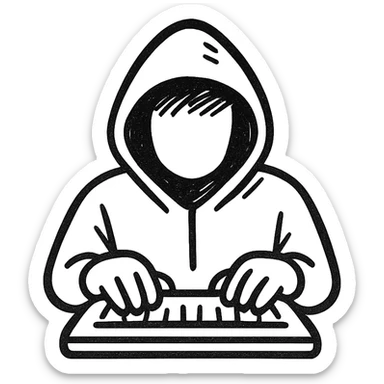 silhouette of a hooded hacker, hands on keyboard, no background sticker