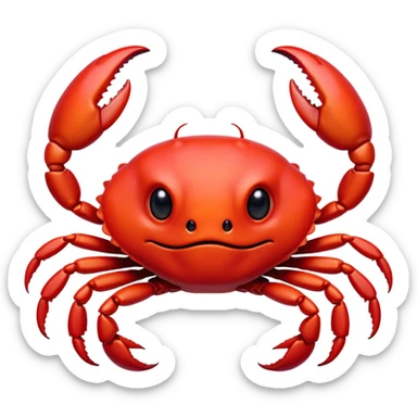 Cinematic Cute Red Crab Portrait Emoji, Head tilted playfully and inquisitively, featuring a compact, vibrant scarlet carapace with adorably small, expressive eyes and gentle, rounded pincers, Simplified yet irresistibly adorable features, highly detailed, glowing with a warm, friendly oceanic glow, high shine, affectionate and lively, stylized with a touch of seaside whimsy, soft glowing outline, capturing the essence of a mischievous yet loving red crab that seems as if it could pinch its way out of the screen into your arms! sticker
