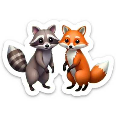 raccoon and a fox in a colorful forest with vibrant green trees, bushes and flowers. The animals are in the foreground, surrounded by a lush, bright forest, with soft sunlight filtering through the leaves. A playful and wild scene with a transparent background. sticker