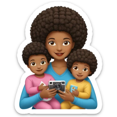 afro hair Dark Skin mom with two children, one young boy and a baby girl in polaroid picture  sticker