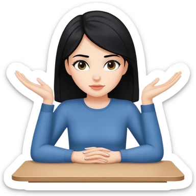 white girl full body black hair sitting at table with hands flat sticker