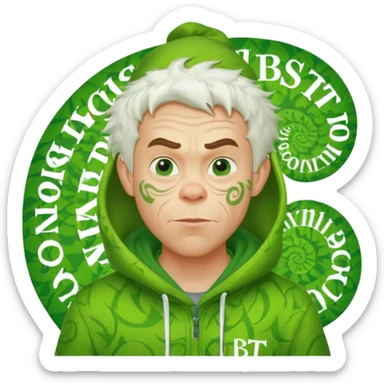 Create an avatar of white European male in hoodie with ``BST`` letters on it. Make background to look like from movie Grinch sticker
