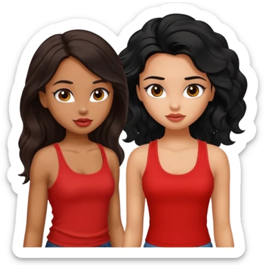 generate a pretty tan bratz girl with brown wavy hair long wearing a red tank top. talking to a girl with black hair wearing black sticker