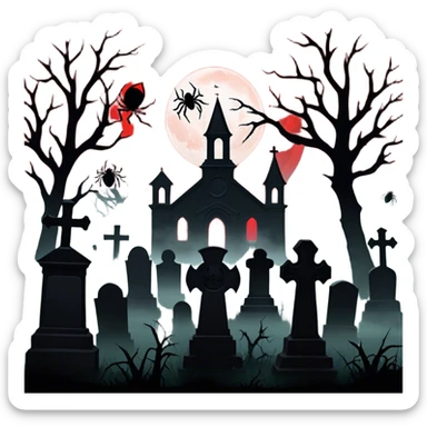 Icon for Horror Movies: A chilling collage with dark silhouettes of monstrous figures, eerie graveyards, and creepy elements like spiders and tombstones. Ghostly fog surrounds, with a blood-red moon in the sky. The mood is unsettling, eerie, and haunting. Transparent background. sticker