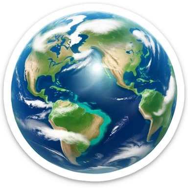 🌍 Cinematic Realistic Earth – A breathtaking, full view of Earth from space, showcasing vivid blue oceans, swirling white clouds, and lush green continents. The curvature of the planet is subtly illuminated by the sun, with a soft atmospheric glow enhancing its life-sustaining beauty. High detail, crisp textures, and realistic lighting bring out the planet's dynamic and ever-changing surface. sticker