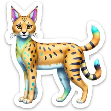 Colorful cartoon iridescent neon tropical exotic anime Striped and spotted Lynx-Caracal-Serval-hybrid full body sticker