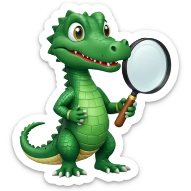 A claymation-style academic alligator holding a magnifying glass. The background is a solid white circle sticker