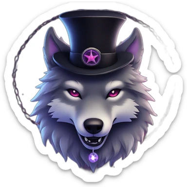demonic wolf with a pentagram top hat and a pentagram chain with a haunting night background sticker