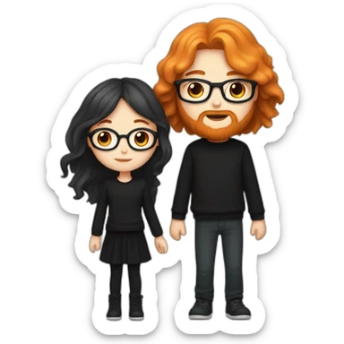 girl with long orange hair wearing no glasses and all black clothes and holding hands with boy with brown hair and beard and glasses and pale skin sticker