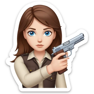 White girl with blue eyes and brown hair holding gun sticker