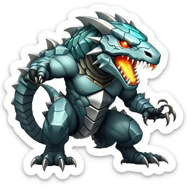 Create a hybrid predator that combines the territorial stone guardian's impenetrable defense with the metallic serpent's deadly speed and venomous bite, resulting in a segmented rock-steel creature that can both form a protective shell and uncoil into a swift, striking form with glowing eyes and crystalline fangs. full body sticker