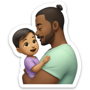 Baby girl of one and a half years old with short hair with a ponytail In his dad's arms, throwing a kiss sticker