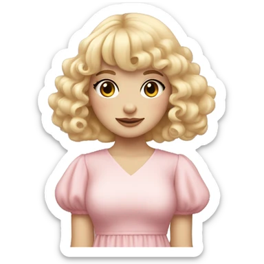 pale girl with bangs and long blonde curly hair and a pastel pink puff sleeve dress sticker