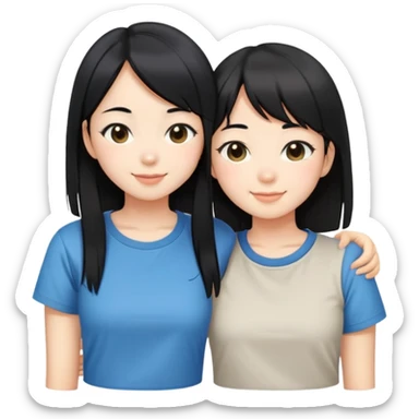 Two cute Japanese girls with straight black hair wearing modern Western clothes like t-shirts, faces pressed together cheek to cheek, smiling happily sticker