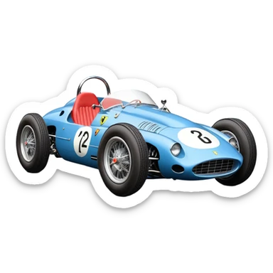  Hazy-blue Fenderless extended-wheelbase 1962 luxury racing Ferrari lowered powerful V-8 engined racing cycle car featuring advanced rugged 4 wheel independent suspension, power steering, disc brakes, small leather covered steering wheel, side mounted cowl exhaust  sticker