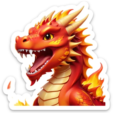 Cinematic Cute Yawning Fierce Fire Dragon Portrait Emoji, Head tilted slightly with a dramatic, wide-open yawn, revealing a fearsome yet endearing scaled visage bathed in searing reds and oranges, with gentle flames licking around its open mouth; rendered with realistic detail and flickering natural light, high shine, relaxed yet fierce, styled with a dash of smoldering charm, soft glowing outline, capturing the essence of a sleepy but spirited inferno ready to unleash a tender blaze of warmth! sticker