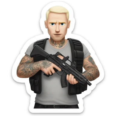 Pale skinned man with face tattoos holding a gun sticker