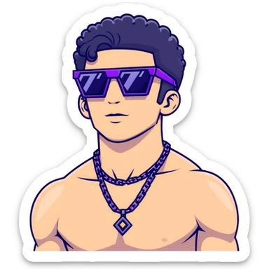 shirtless male athlete with white skin and moderately curly black hair on top with shaved sides, wearing sharp angular geometric purple sunglasses with very dark heavily tinted black lenses, and a simple plain black chain necklace, no earrings sticker