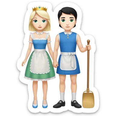 King, black hair, body, legst, blue eyes, shoes, maid blonde hair, green eyes, sexy short sleveless White dress, shoes sticker