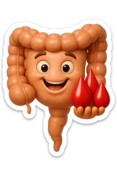 emoji stile iphone 3d di stomaco e intestino collegati verticalmente con 3 gocce di sangue 3d in mano, iperrealistiche 4k sticker