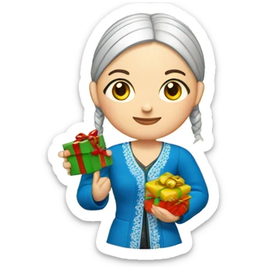 A female teacher in Ukrainian embroidery holds a gift in her hand sticker