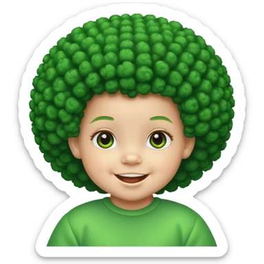 a smiling baby with bright green skin and  a big afro sticker