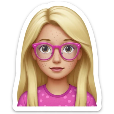 Innocent blonde long hair woman with black eyes and light skin and pink glasses and freckles  sticker