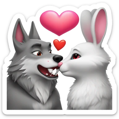 Old Wolf kisses a white Bunny who has pink ears, with big red heart between them sticker